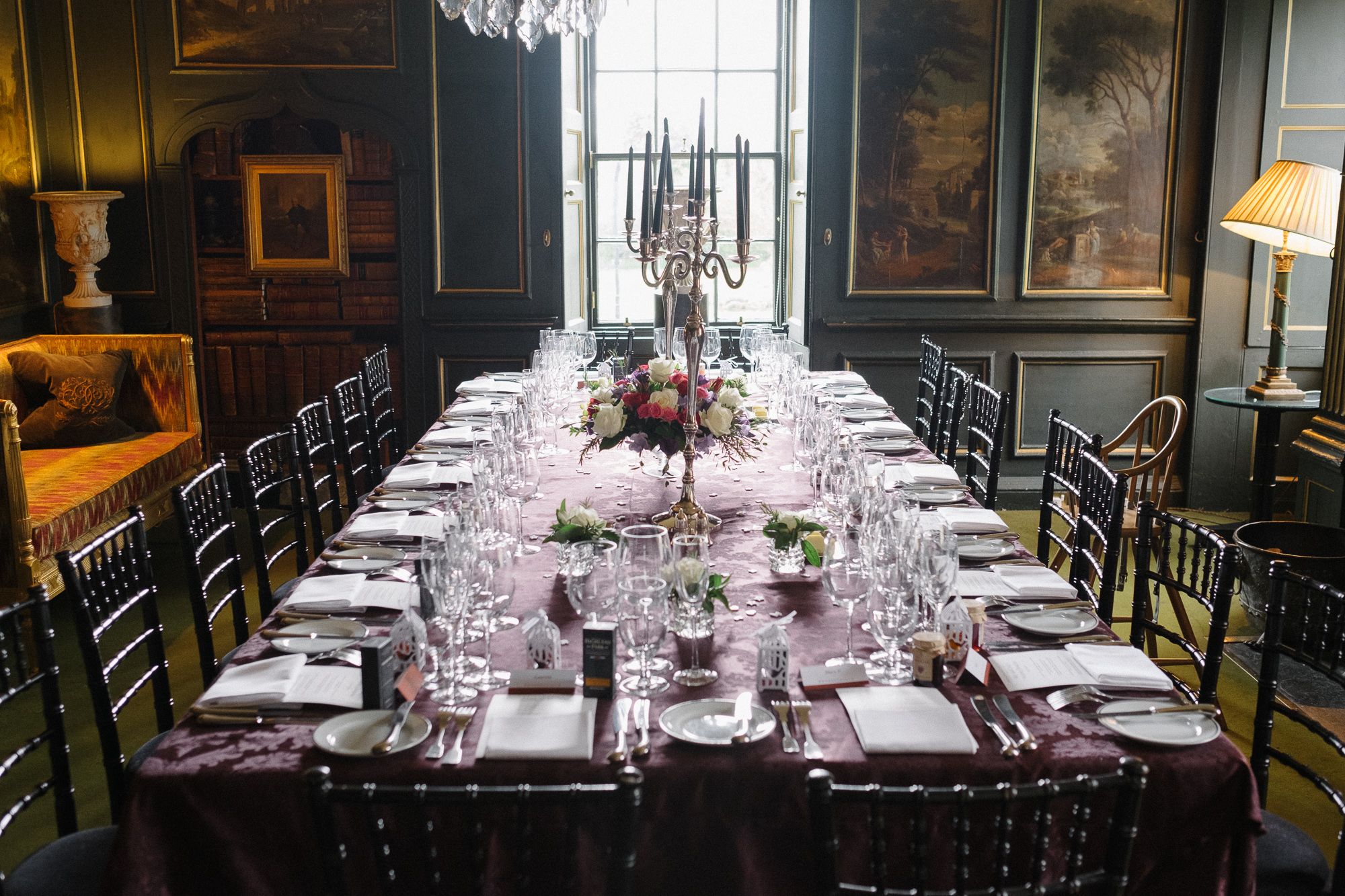 Luxuriously decorated table ready for wedding dinner at Prestonfield House Edinburgh