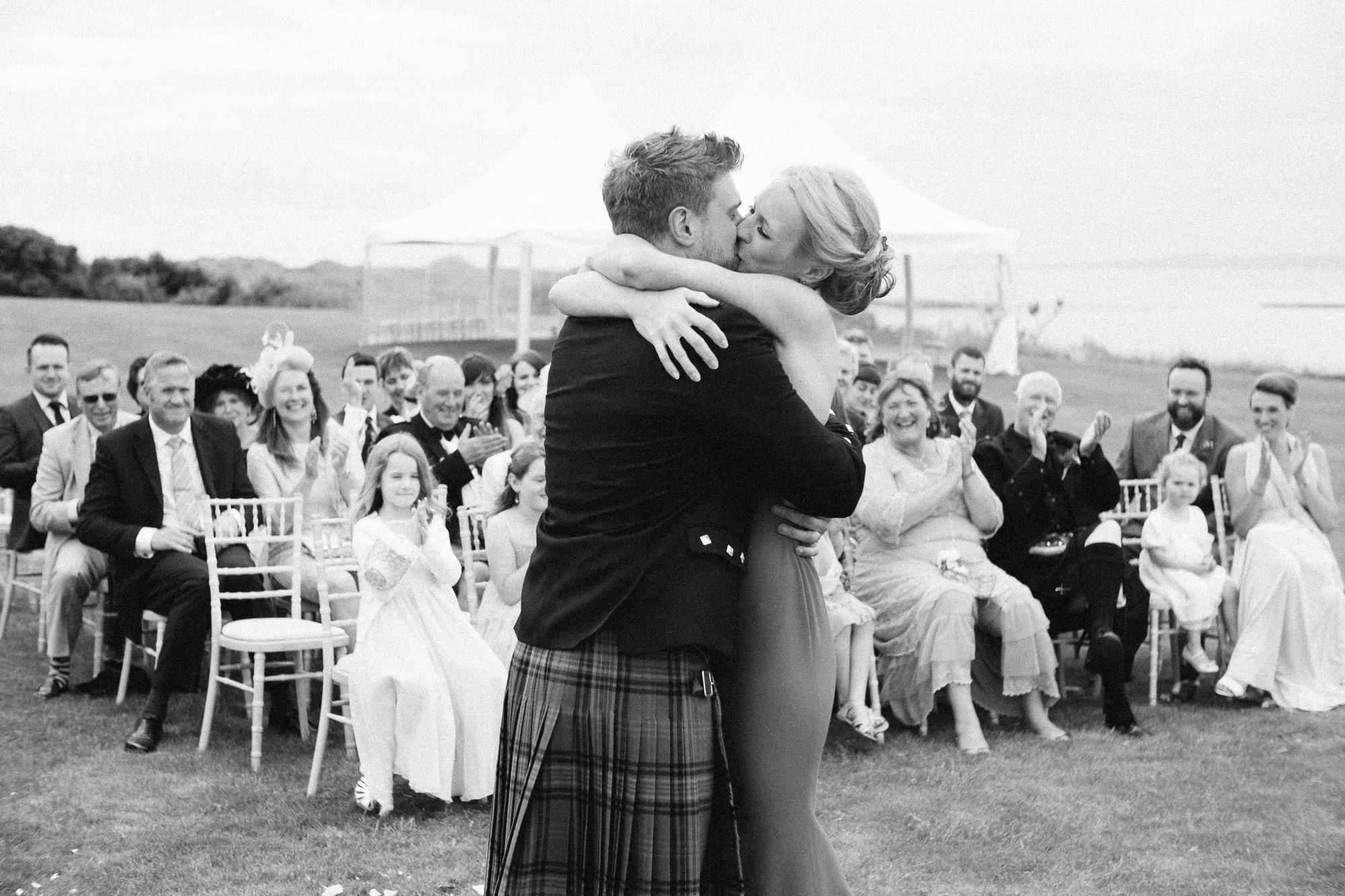 Archerfield House wedding ceremony bride and groom kiss