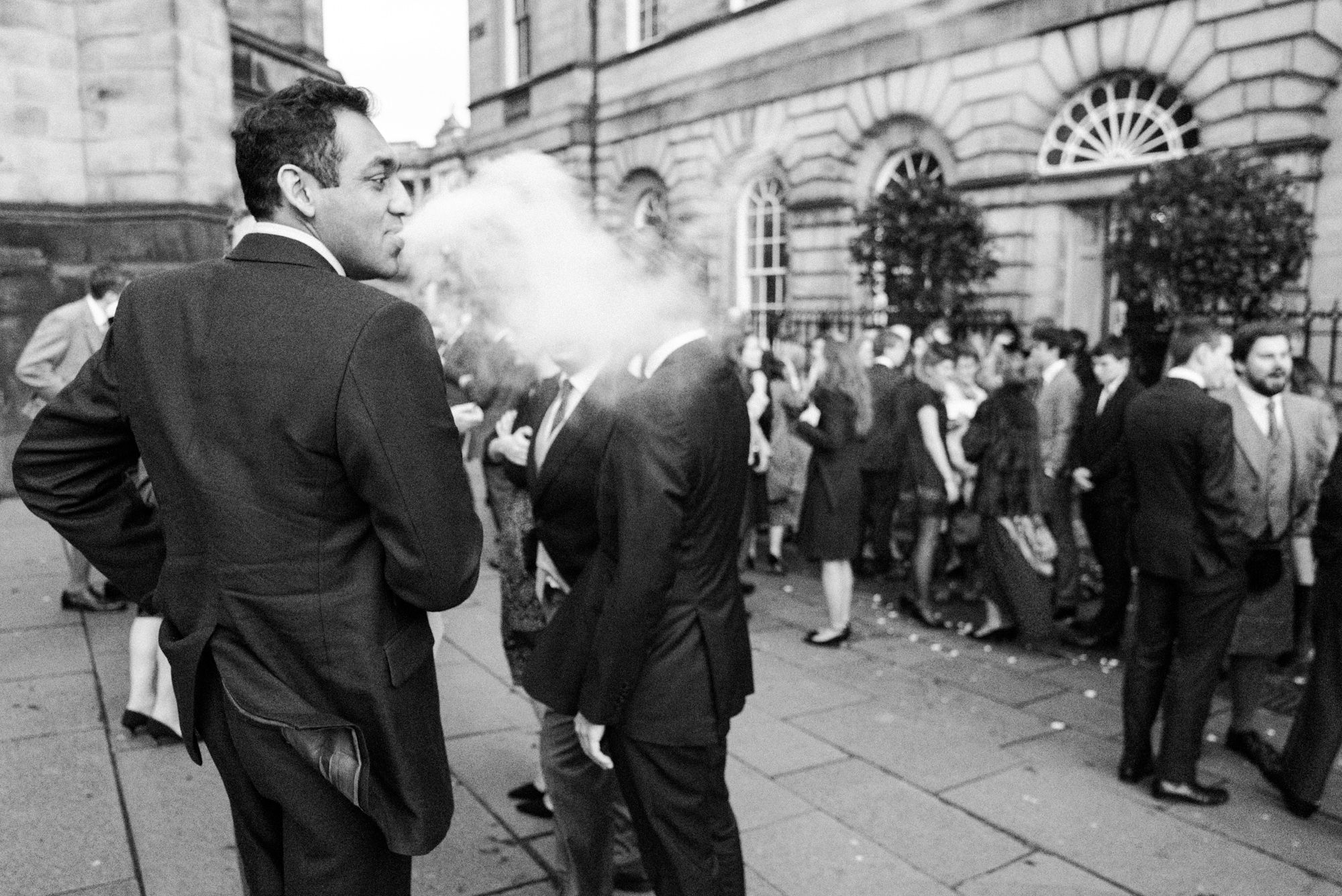 Black and white portrait of a wedding guest 