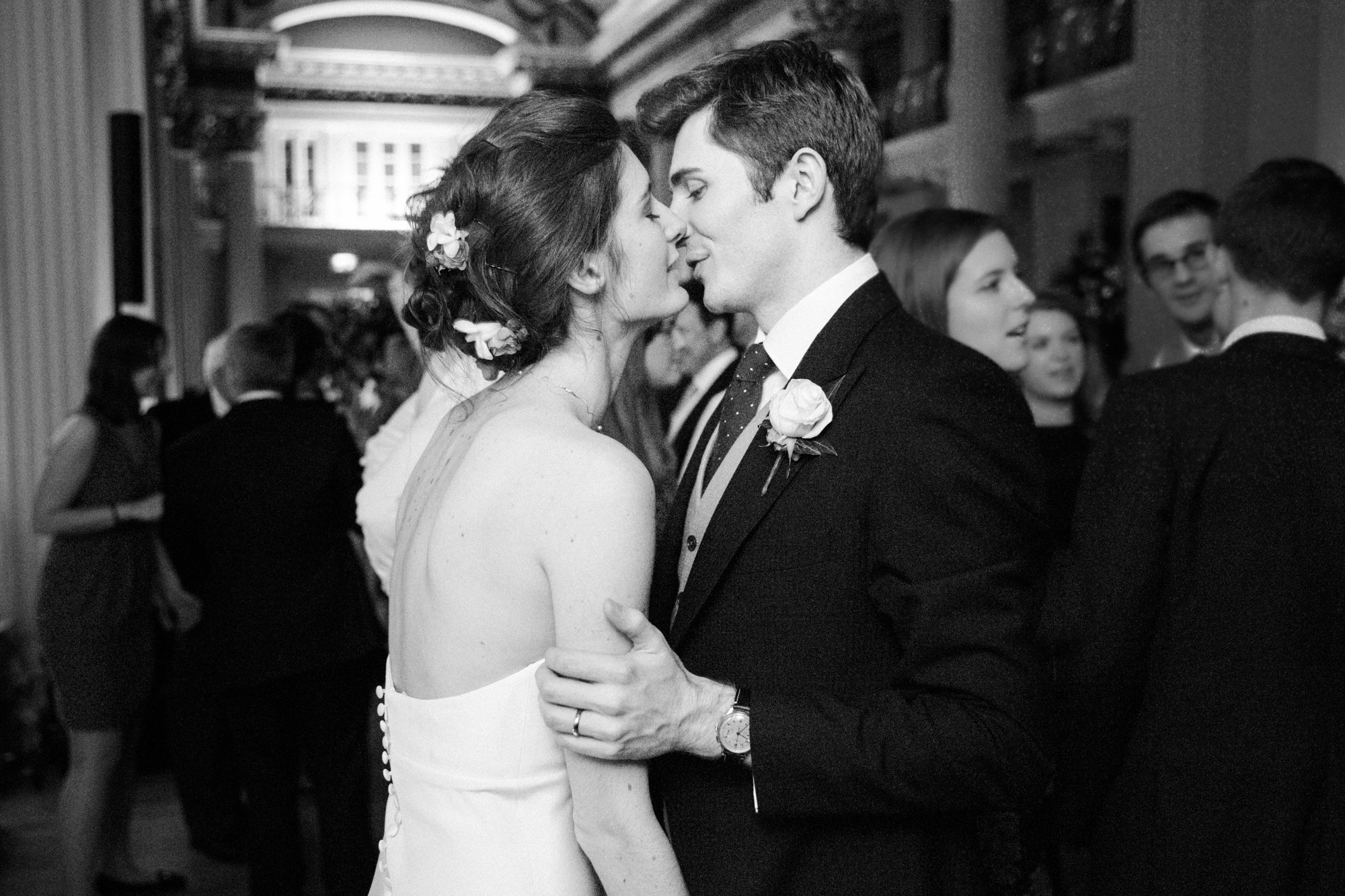 Bride and groom kissing during dance at The Signet Library Edinburgh