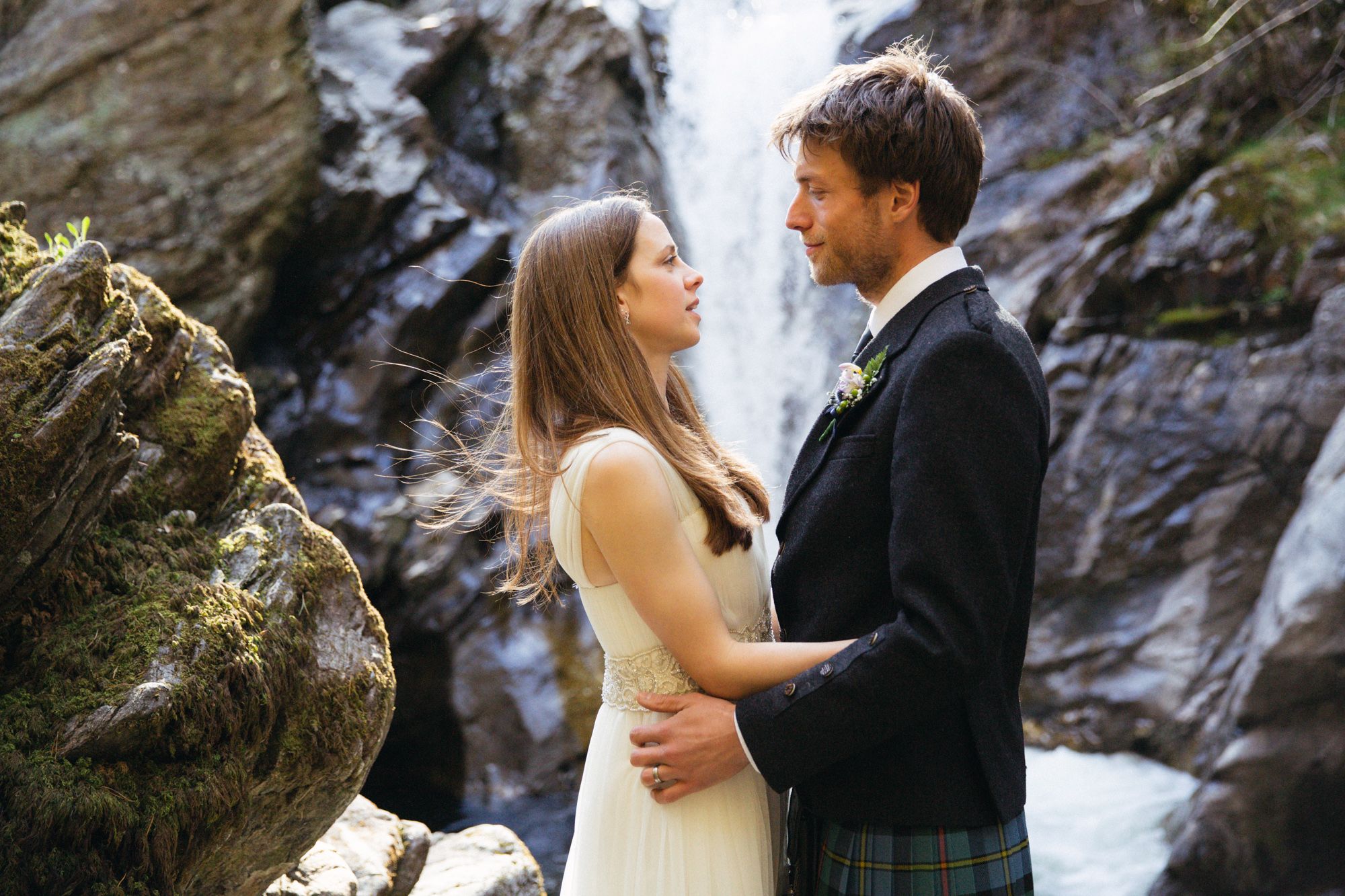 Bride and groom at rustic Perthshire wedding