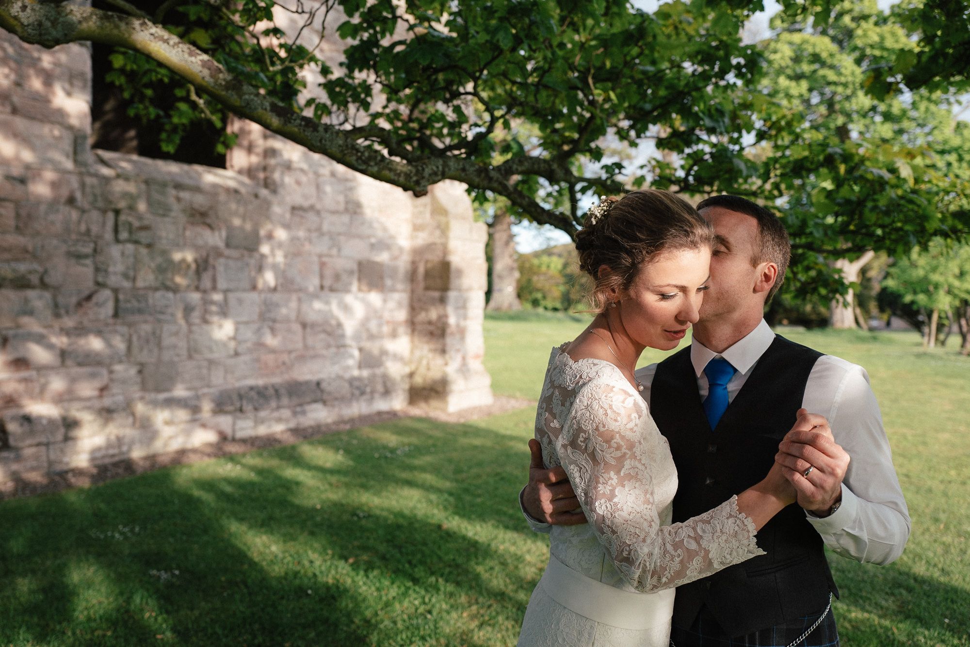 French couple in gardens of Dunglass Estate wedding