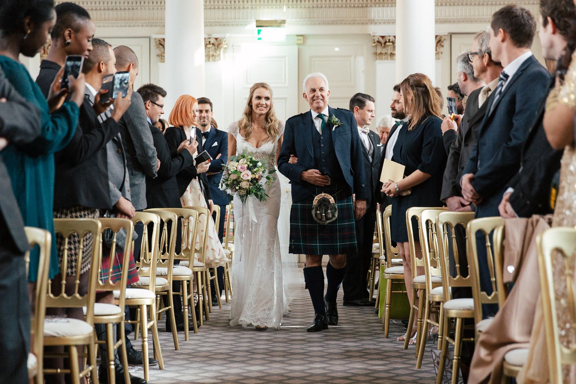 Signet Library wedding bride and her father walking to ceremony