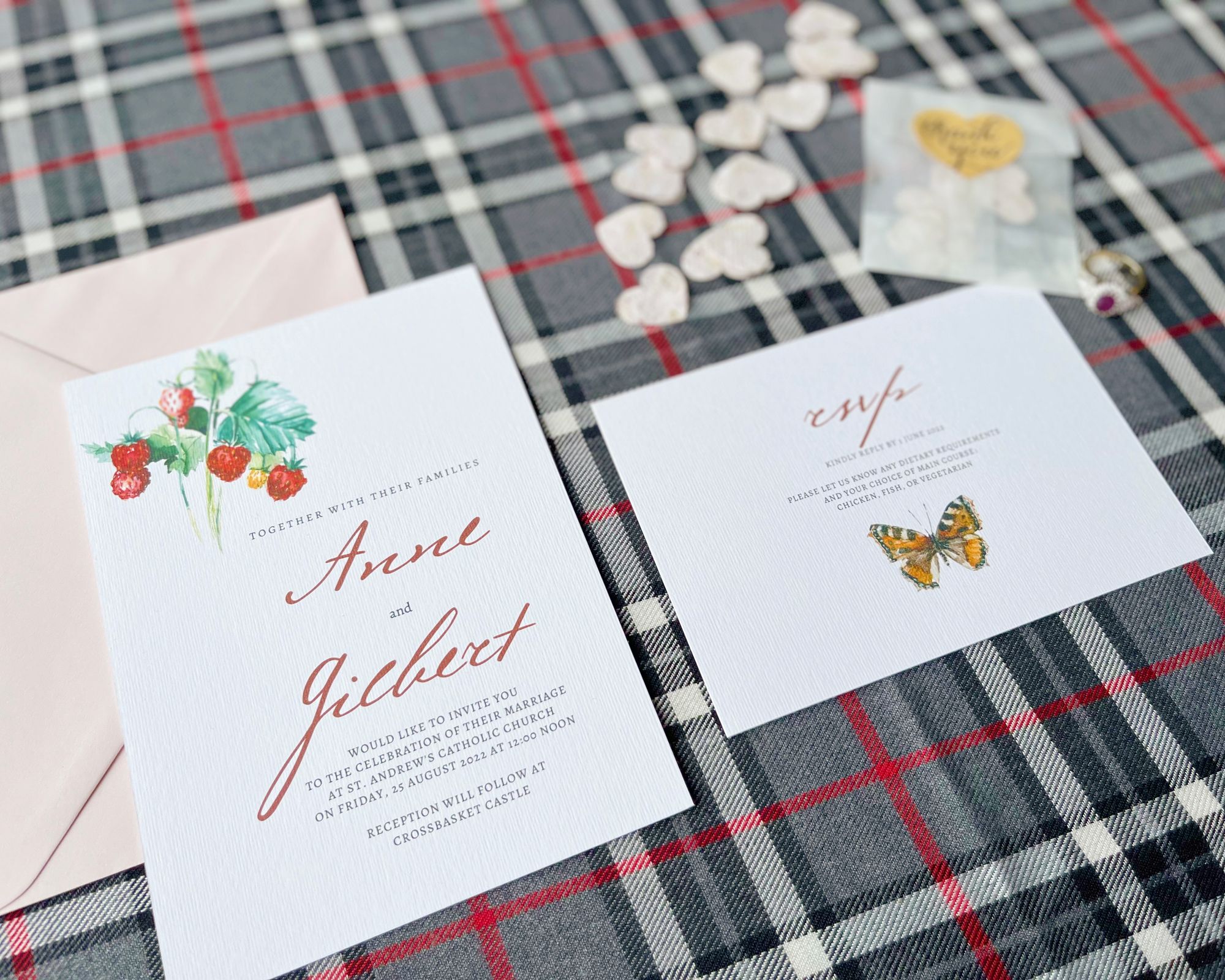 The 'Brig o' Doon' wedding invitation suite with matching plantable seed confetti